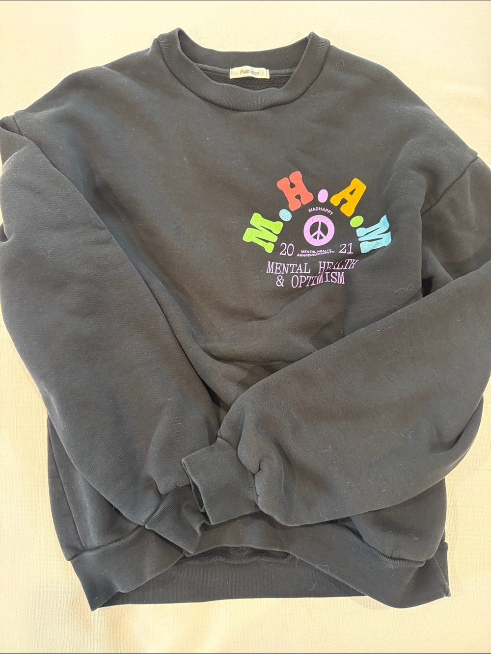 Madhappy Black Crewneck with Multicolor 'MHAW' Logo